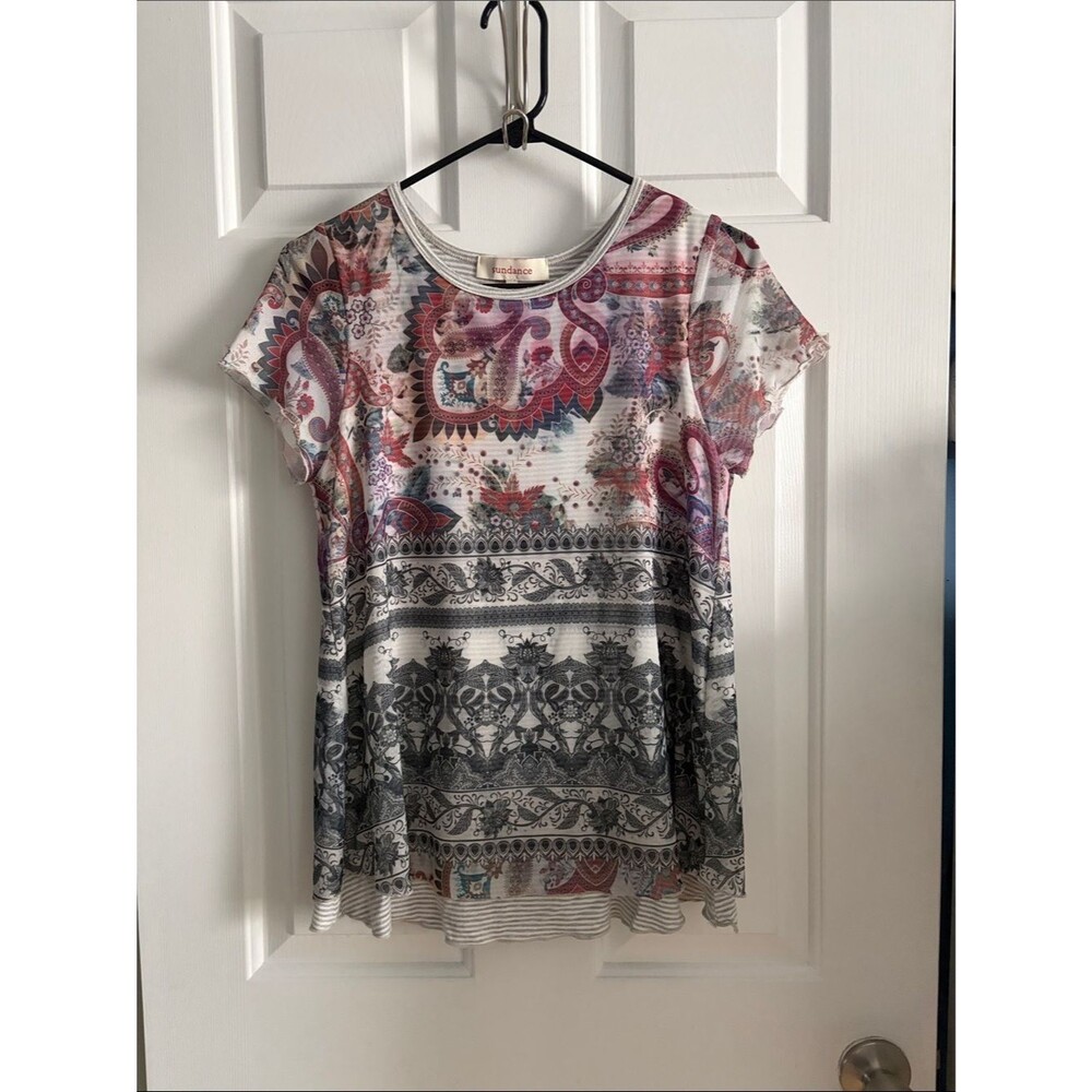 Sundance Paisley Floral Burnout Pattern Stretch Blouse Top Size S